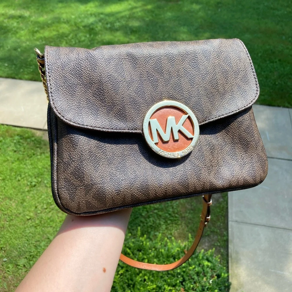 Michael Kors Brown Fulton Flap Gusset Crossbody Brown Envelope Purse Gold Chain